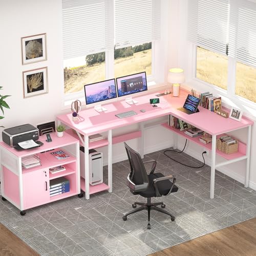 Unikito Reversible L Shaped Desk with Magic Power Outlets and USB Charging Ports, Sturdy Corner Computer Desk with Storage Shelves, Gaming Table Home Office Desk, Easy to Assemble, Pink - color: Pink