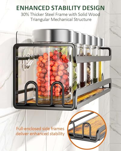 Doakhirmit Wall Mounted Spice Rack with 16 Hooks, Rustic Wood Spice Organizer Shelf for Stove Cabinet Pantry Door,Screw or Adhesive Hanging Spice Shelf,Wall Spice Rack in Kitchen and RV,6 Pack - size: 6 Pack