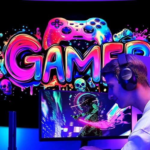 SparkLia Gamer Gaming Tapestry, Blacklight Game Controller Horror Skull Wall Hanging, UV Reactive Skeleton Glow in the Dark Wall Decor for Bedroom, Living Room - 51" x 59" - color: Gamer Skull, size: 59"L x 51"W