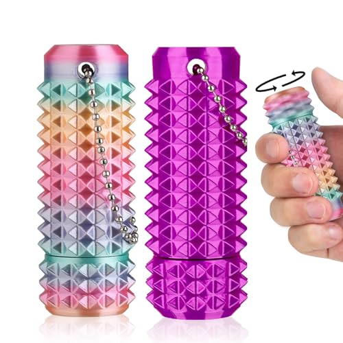 Little Ouchies Pain Stim Fidget Toy, 3D Printed Pocket Spiky Keychain with Clicker Button Spinner Sensory Toys for Anxiety Focus & Stress Reduction Novelty Gifts(Rainbow + Purple) - color: Rainbow + Purple