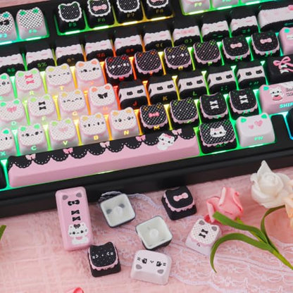 PBT Keycaps - Side Print Cat Keycaps, 113 Keys Shine Through Dye-Sub Cute Keycap, Mao Profile Custom Keycap for 60 65 75 100 Percent Cherry MX Mechanical Keyboard - color: Black Pink Meow