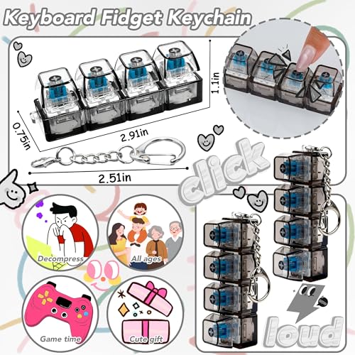 2 PCS 4-in-1 Keyboard Fidget Toy Keychain, Finger Clicky Button Toy Stress Relief Keychain with Swappable Keycaps, Mini Mechanical Key Fidget for Office Desk Focus Gifts (Transparent Black) - color: Transparent Black
