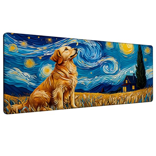Dog Under Starry Night Gaming Mouse Pad Large Desk Mat Extended Keyboard Anime Mousepad with Non-Slip Base and Stitched Edge for Desk Home Office Gaming,31.5 x 11.8 Inch - color: Dog under Starry Night, size: 11.8*31.5inch