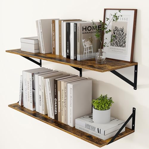 Heimlove Deep Floating Shelves for Wall, 36W x 12D Wood Wall Shelves Set of 2, Wide Floating Bookshelf for Living Room, Kitchen, Office, Bedroom and Decor Storage, with Metal Bracket - Rustic Brown - color: Rustic Brown With Black Metal Bracket, size: 36w