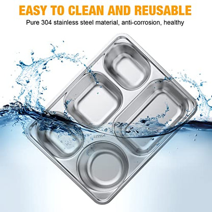 Foaincore 8 Pack 304 Stainless Steel Divided Plates Rectangular Portion Control Plates with Compartments Unbreakable Metal Food Tray for Lunch, Dinner, Camping, Heavy Gauge (5 Compartment) - style: 5 Compartment