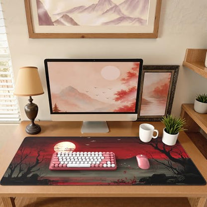 iCasso Desk Protector Mat, Large Japanese Mouse Pad, Stable Rubber Base Mousepad with Stitched Edges, Keyboard Mouse Mat Desk Pad for Work, Game, Office, Home(Full Moon) - color: Full Moon