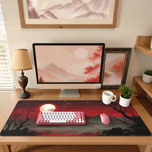 iCasso Desk Protector Mat, Large Japanese Mouse Pad, Stable Rubber Base Mousepad with Stitched Edges, Keyboard Mouse Mat Desk Pad for Work, Game, Office, Home(Full Moon) - color: Full Moon