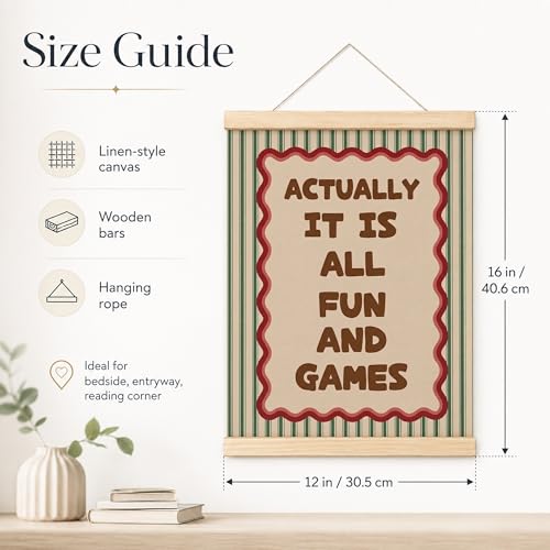 DEQSX Funny Gaming Game Room Wall Art Hanging Poster, Retro Red and Green Actually It Is All Fun and Games Canvas Prints Wall Decor for Game Room Playroom Bedroom Home, 12x16 Inches