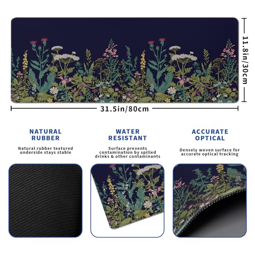 Wildflower Mouse Pad Abstract Black Mouse Pad 31.5x11.8 Inch Flower Texture Non-Slip Rubber Base Large Mousepad Stitched Edges Keyboard Mouse Mat Desk Pad for Office and Home - color: Wildflower