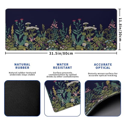 Wildflower Mouse Pad Abstract Black Mouse Pad 31.5x11.8 Inch Flower Texture Non-Slip Rubber Base Large Mousepad Stitched Edges Keyboard Mouse Mat Desk Pad for Office and Home - color: Wildflower