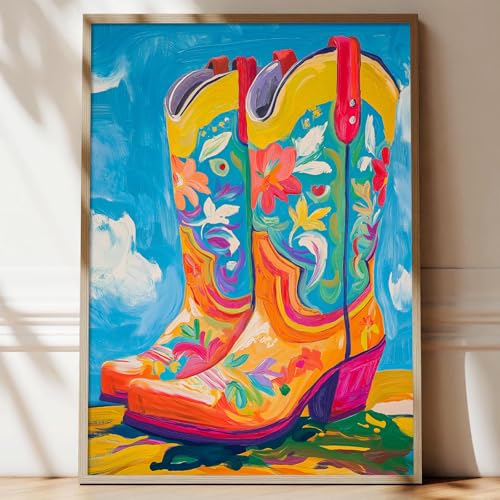 Cowgirl Boot Canvas Wall Art Trendy Western Poster Cowboy Boots Painting Preppy Aesthetic Pictures Abstract Print Cowgirl Boot Artwork Colorful Poster Western Cowboy Wall Art Prints 16x24inch No Frame - color: D1Unframed