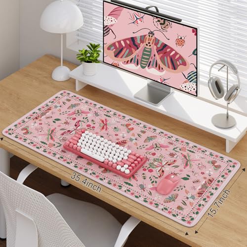 iCasso Pink Desk Pad Mat, XXL Large Mouse Pad, Desk Matt for Desktop, Anti-Slip Big Mousepad with Stitched Edges, Mouse Mat for Computer(Pink) - color: Butterfly-pink