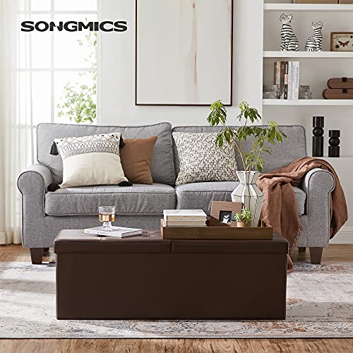 SONGMICS MAZIE Collection - 43 Inches Storage Ottoman Bench with Flipping Lid, Storage Chest with Iron Frame Support, Load 660 lb, for Living Room, Bedroom, Synthetic Leather, Brown ULSF75BR - color: Brown, size: 15"D x 43"W x 15"H