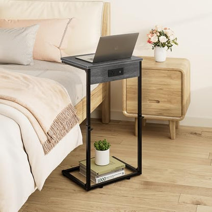 Vagusicc C Shaped End Table with Charging Station, Adjustable Height Side Table for Couch, Small Side Table, 33.2'' Tall Couch Tables that Slide Under, Tv Tray End Table for Living Room, Gray Walnut - color: Gray Walnut (1 Pack), style: With Plug