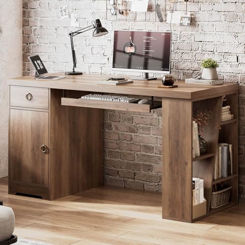 HSH 55" Executive Computer Desk,Farmhouse Home Office Desk with Storage Drawers and Keyboard Tray, Rustic Wood Work Study Writing Pc Table Studio Desks Wooden Workstation with Shelves and Cabinet - color: Rustic Oak