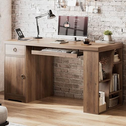 HSH 55" Executive Computer Desk,Farmhouse Home Office Desk with Storage Drawers and Keyboard Tray, Rustic Wood Work Study Writing Pc Table Studio Desks Wooden Workstation with Shelves and Cabinet - color: Rustic Oak