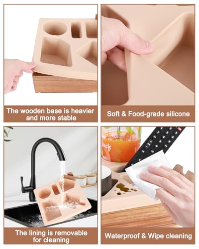 Couch Cup Holder Tray, Silicone Wooden Couch Caddy with Cup Holder for Snacks, Drinks, Remotes, Waterproof Cup Holder for Couch, Organizer, Couch Drink Holder - color: D-beige