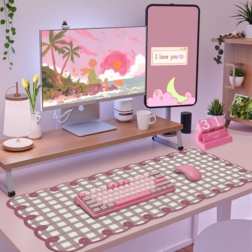 Cute Purple Pink Scalloped Desk Mat Kawaii Pastel Retro Checkered Large Mouse Pad Aesthetic Vintage Cozy Office Desk Decor for Women Girl Stitched Pad for Computer Keyboard & Mouse 31 * 15.7in - color: A2- Purple Red