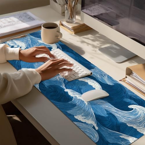 HOMETITUTE Ocean Wave Line Art XL Mouse Pad Gaming Mousepad 31.5x11.8 Inch Non-Slip Keyboard Desktop Protector Mat Diatomite Large Mouse Pad for Home and Office Desk Accessories - color: Ocean Wave Line Art