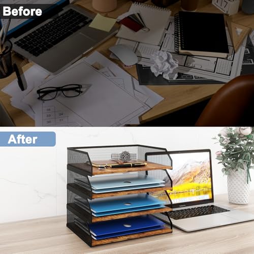 Natwind 4-Tier Stackable Metal Mesh Paper Organizer with Sliding Tray,Retro | Wooden Desk Organizer, Letter Tray For Desktop,File Holder For Home Office School Classroom Organization - size: 4 Tier