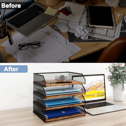 Natwind 4-Tier Stackable Metal Mesh Paper Organizer with Sliding Tray,Retro | Wooden Desk Organizer, Letter Tray For Desktop,File Holder For Home Office School Classroom Organization - size: 4 Tier