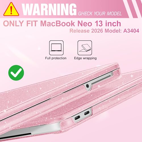 May Chen Compatible with MacBook Neo 13 inch Case 2026 Model A3404, Plastic Hard Shell,Keyboard Cover,Screen Protector,Dust Plug, for MacBook Neo 13" with A18 Pro Chip, Glitter Pink - color: Glitter Pink