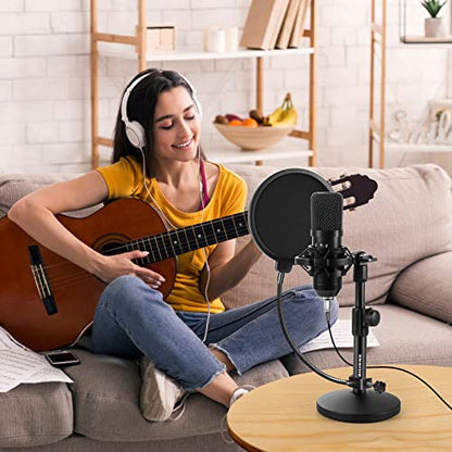 BILIONE Multifunctional Desktop Microphone Stand, Adjustable Mic Stand Desk with Pop Filter, Shock Mount, Microphone Clip, 5/8" to 3/8" Metal Screw Adapter (Pack of 2) - size: Round Base (Pack of 2)