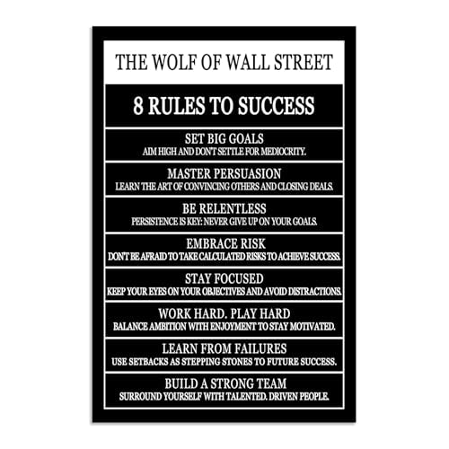 The Wolf Of Wall Street 8 Rules To Success Motivational Wall Art Printed Canvas Poster Inspirational Wall Decor for Office Hallway Gym Bedroom Living Room Framed Ready to Hang [12" W X 18" H] - color: A-ONE-35, size: 12"L x 18"W