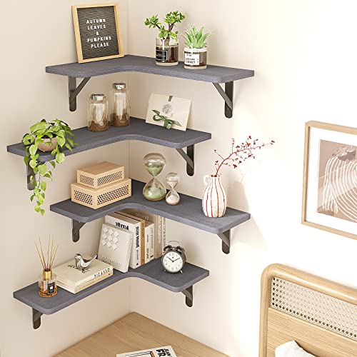 Fixwal Corner Floating Shelves Set of 5, Rustic Wood Wall Mounted Corner Shelf for Bathroom, Kitchen, Bedroom, Home Decor, Laundry Room, Living Room(Gray) - color: 4-gray
