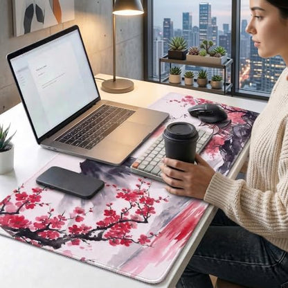 Gaming Mouse Pad, 35.4 x 15.7 Inch Extended Large Desk Mat, Waterproof Keyboard Mousepad with Non-Slip Rubber Base and Stitched Edges, Big Desk Pad for Computer Office Home (Ink Painting)
