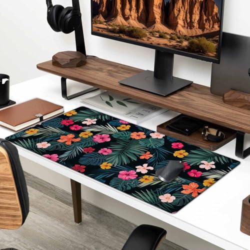 Gaming Mouse Pad, Large Mouse Pads for Desk, Non-Slip Rubber Base Mousepad, Keyboard Mouse Mat, Desk Pad with Stitched Edges, 31.5x15.7 inch Hibiscus Flowers and Palm Leaves - color: Hibiscus Flowers and Palm Leaves, size: 31.5L x 15.7W inches