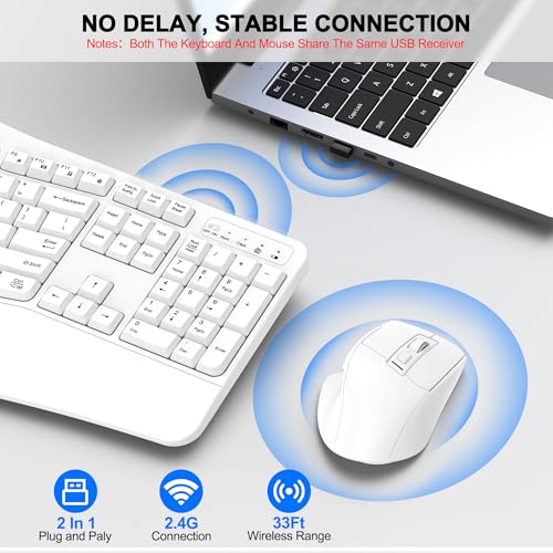 Wireless Keyboard and Mouse Combo, 2.4G Full Size Wave Keys Ergonomic Keyboard with Wrist Rest and 3-Level DPI Adjustable Wireless Ergonomic Mouse for Windows, Mac OS Desktop/Laptop/PC(White) - color: White