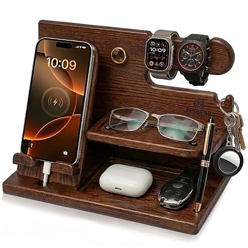 TESLYAR Wood Phone Docking Station for Men - Desk or Nightstand Organizer - Birthday Gifts for Husband, Dad - Anniversary Idea from Wife - Key Holder, Stand Wallet, Watch & Essentials (Bourbon Brown) - color: Bourbon Brown