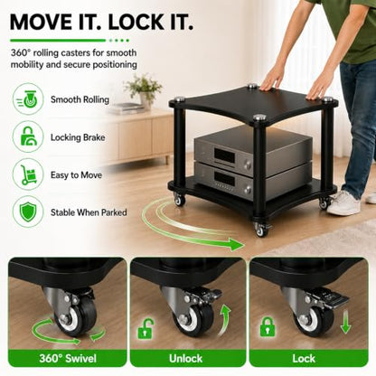 2-Tier AV Media Stand with LED Lights, Heavy Duty Mobile Stereo Cabinet Stand with Wheels, Wooden Stereo Rack, Audio Rack Furniture Perfect for DVD Player/Game Console (with Lights, 2 Tier) - color: With Lights, size: 2 Tier