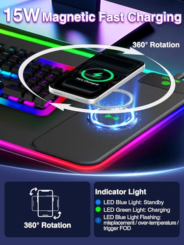 RGB Gaming Mouse Pad with 15W Magnetic Wireless Charger, 31.5'' x 11.8'' Large LED Desk Mat, 24 Lighting Effects Keyboard Pad with Non-Slip Rubber Base, Waterproof Ultra-Smooth Surface - color: RGB-31.5"x11.8"-Magnetic Charging