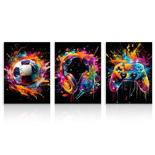 Dazzlewall 3Pcs Graffiti Boys Room Wall Art, Colourful Football Headphone Gamepad Pictures for Bedroom Teens Playroom Boy Dorm Home Decor 12x16 in Unframed - color: Color Splash Gaming, size: 12x16 in