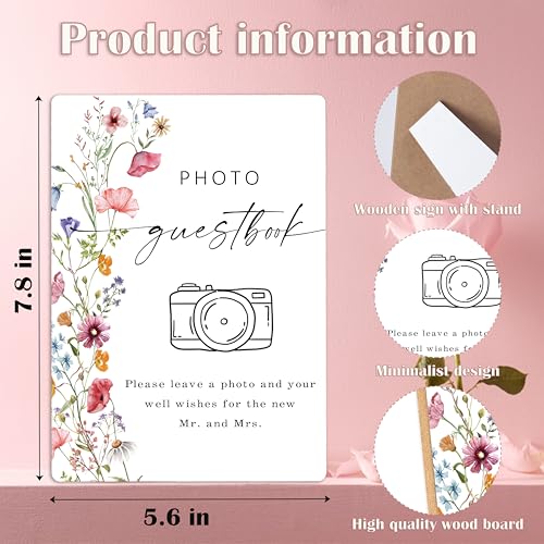 Photo Guest Book Sign, Flowers Bridal Shower Decorations, Guest Book for Party, Wedding Reception Table Decorations, Boho Wooden Sign with Stand for Wedding Reception And Bridal Party Decor, 10 - color: Photo Guest10