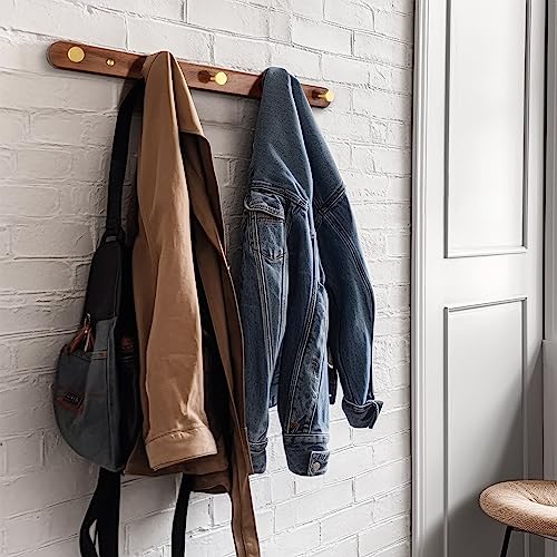 Wall Mounted Coat Rack, Entryway Hanging Coat Rack, Metal Wood Coat Rail with 5 Rustic Hooks Rail for Coat, Scarf, Bag, Towel, Key, Cap, Hat, Walnut Gold Matt - size: 5 Hooks - Round Shape