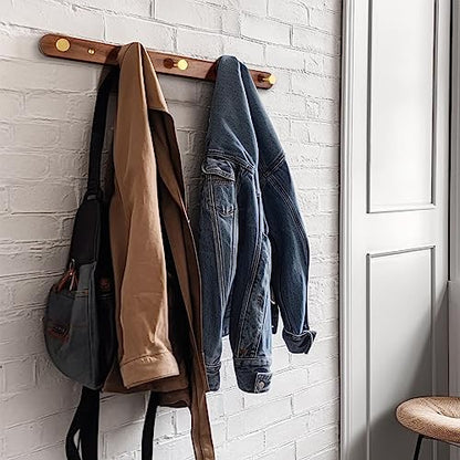 Wall Mounted Coat Rack, Entryway Hanging Coat Rack, Metal Wood Coat Rail with 5 Rustic Hooks Rail for Coat, Scarf, Bag, Towel, Key, Cap, Hat, Walnut Gold Matt - size: 5 Hooks - Round Shape
