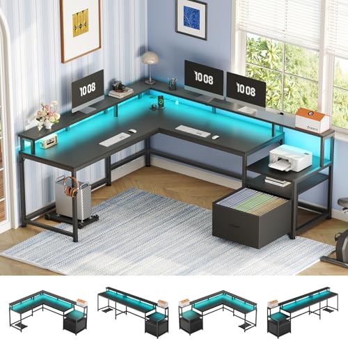 SEDETA 66" L Shaped Desk with Power Outlet, Reversible Home Office Computer Desk with File Drawer & Monitor Shelf, Storage Shelves, LED Lights for Corner Small Spaces, Black - color: Black