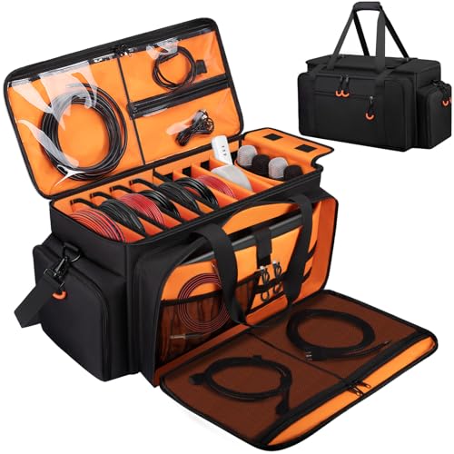 Large Dj Cable Bag with Laptop and Microphone Pocket, Dj Bag for Equipment and Music Accessories with Detachable Dividers, Bottom Pad, Dj Gig Bags for Musicians, Professional, Travel, Orange - color: Orange, style: Dj Cable Bag
