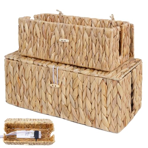 Cable Management Box with Lids-Handwoven Rattan Cord Organizer with Open Slots,Desk Organizer Box to Hide Power Strips&Cords,Office Desk Accessories Storage Basket,2 Pack