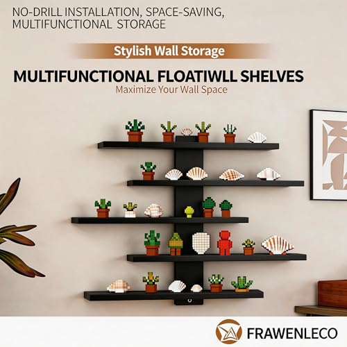 No Drill Floating Shelf for Wall, 5-Tier Wall Mounted Organizer, Damage-Free Display Shelf for Collectibles, Figures, Bathroom Kitchen Storage, Black