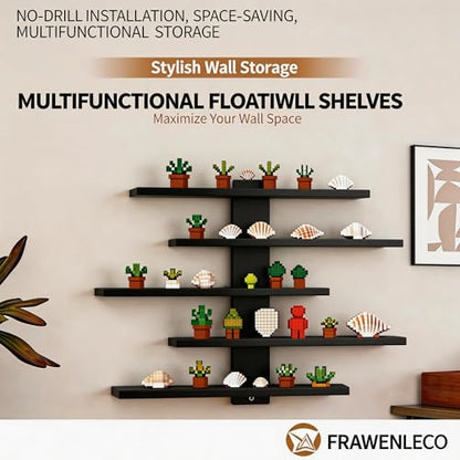 No Drill Floating Shelf for Wall, 5-Tier Wall Mounted Organizer, Damage-Free Display Shelf for Collectibles, Figures, Bathroom Kitchen Storage, Black