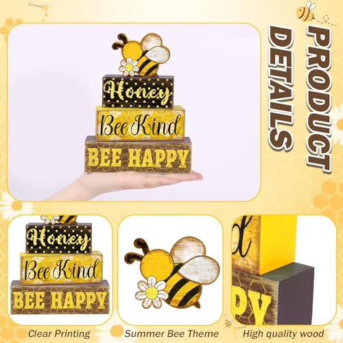 Britimes 4 Pcs Bee Wooden Tiered Tray Decor Set, Bumble Bee Table Decor Spring Daisy Honey Farmhouse Rustic Wooden Summer Coffee Table Centerpieces for Home kitchen Office Decorations - style: Bee