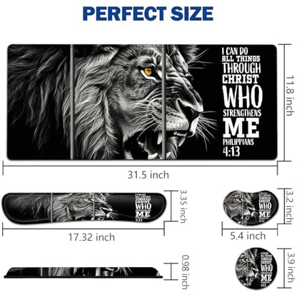 Large Mouse Pad + Keyboard Wrist Rest Set, Extended Gaming Mousepad (31.5X11.8 inch) with Non-Slip Rubber, Ergonomics Memory Foam Mouse Wrist Rest Support, Lion Philippians 4:13 Black XXL Desk Pad - color: Yu-Mouse Pad-3-B38