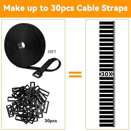 20Ft x 1" Adjustable Cable Straps with 30 Buckles, Hook and Loop Straps, Reusable Nylon Cable Ties for Cord Organiser, Organizer, Cable Tidy, Free Cut Length, Black - size: 20Ft x 1inch