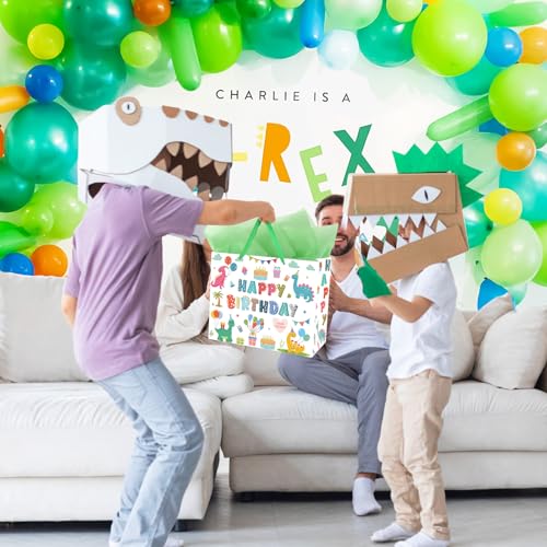 Hooqict Large Dinosaur Gift Bag Happy Birthday Gift Bag with Handles, Wrapping Tissue Paper and Greeting Cards for Kids Boys 1st 2nd 3rd Dinosaur Birthday Party Supplies Baby Showers - color: Dinosaur