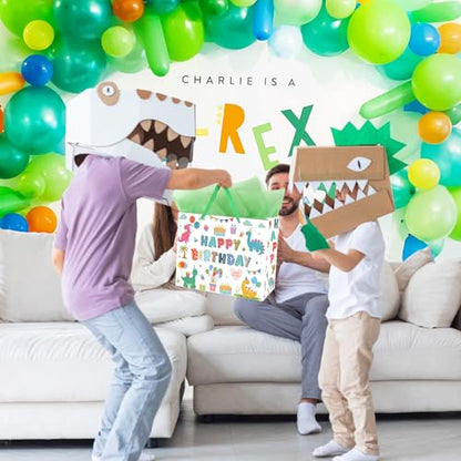 Hooqict Large Dinosaur Gift Bag Happy Birthday Gift Bag with Handles, Wrapping Tissue Paper and Greeting Cards for Kids Boys 1st 2nd 3rd Dinosaur Birthday Party Supplies Baby Showers - color: Dinosaur