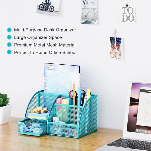EasyPAG Mesh Desk Organizer with Drawer Multi-functional Pen Holder Stationery Organizer for Office School Supplies 6 Compartments Dorm Organizers and Storage for Desk, Blue - color: Blue